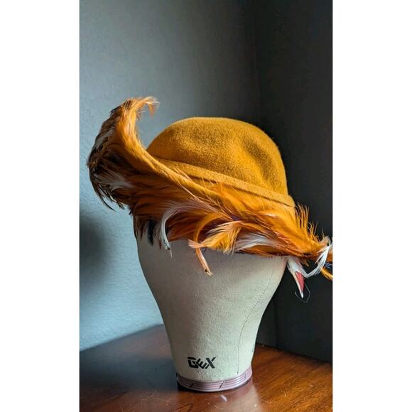 George Zamaul Couture Ladies Orange Felt Hat Feathers Rhinestones Church Formal main image 9